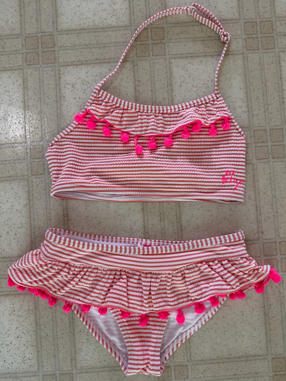 Betsey Johnson Pink Striped Pom Accent Bikini Girls 6 6X